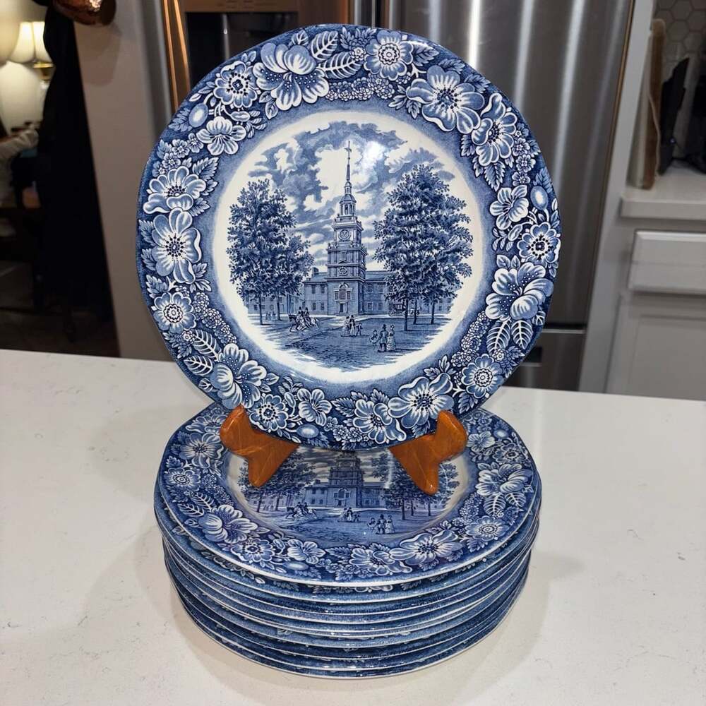 Vintage Staffordshire Liberty Blue Independence Hall Dinner Plate Set Of 11
